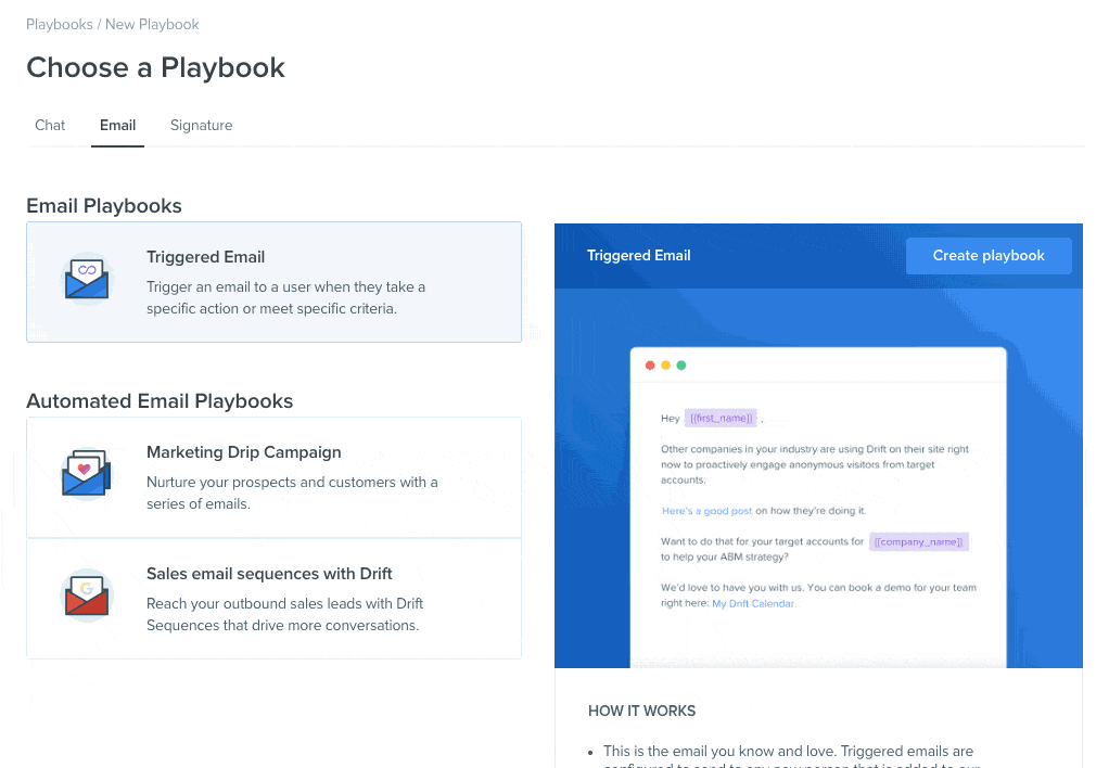 create a custom email playbook with Drift