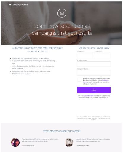 campaign monitor lead gen landing page